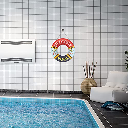 Welcome to Our Pool Sign Swimming Pool Decoration Summer Sign(12"x 12"), Rustic Summer Pool Decor Wood Sign Plaque, Swimming Ring Shaped Summer Wooden Hanging Sign for Pool Outdoor Decor - Image 6