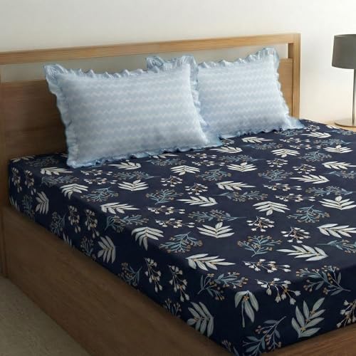 Image of Home Sizzler Microfibre Botanical Print Double Fitted Bedsheet, 72x78 inch, Navy Blue with 2 Ruffled Edge Pillow Covers