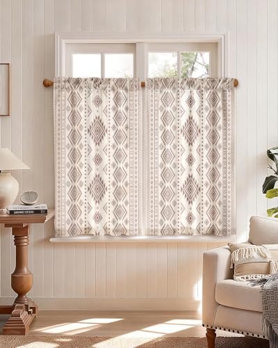 Image of Miss Adola Boho Kitchen Curtains - 36 Inch Length Linen Blend Geometric Striped Cafe Curtains Western Tier Curtain Short Drapes Rod Pocket for Bathroom Living Room Windows Light Filtering, 2 Panels