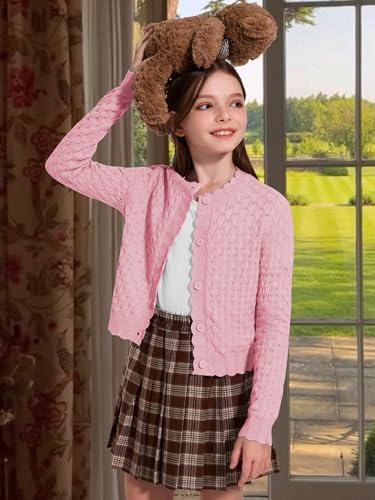 YKR Girls Cardigan Sweaters Long Sleeve Cable Knitted Cropped Sweater Button Closure Tops 5-12Y2