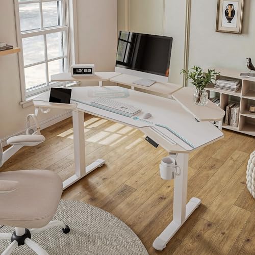 Image of EUREKA ERGONOMIC Standing Desk with Keyboard Tray, Large Music Studio Gaming Desk, Wing Shaped Sit Stand Table 72'', LED Convertible Shelves, Dual Motor&Slot, Maple