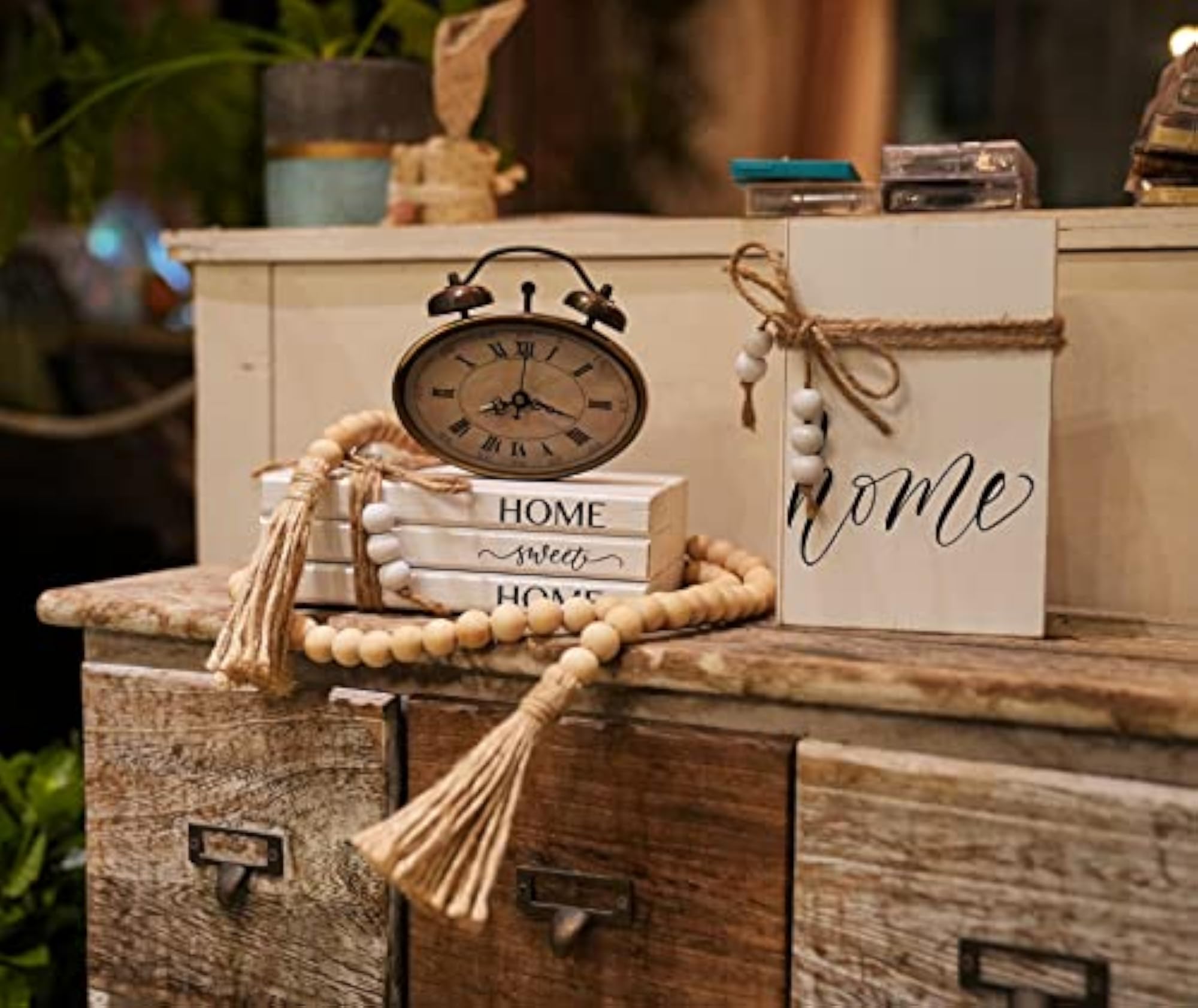 Rustic Decorative White Books, Wooden Farmhouse Book Stack