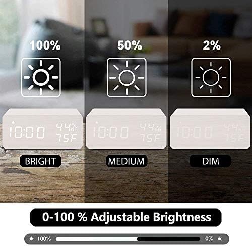 JALL Wooden Digital Alarm Clock with Wireless Charging, 3 Alarms LED Display, Sound Control and Snooze Dual for Bedroom, Bedside, Desk, Office, White