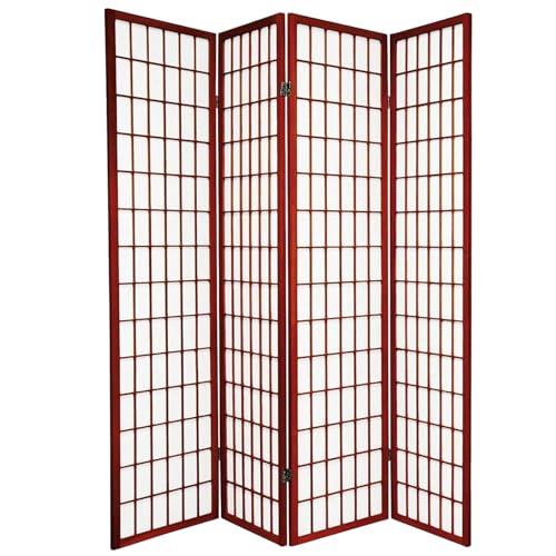 Legacy Decor 4-Panel Shoji Room Divider, Cherry, Real Wood Grid, Translucent Privacy Panels, 70″ W × 71″ H, Folding Screen