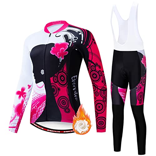 Maillot Cyclisme Femme Hiver Vêtements Velo VTT Manche Longue,Tenue de Cycliste en Polaire Thermique Jerseys et Pantalon à Bretelle Avec 19D Coussin Gel,Ensemble de Combinaisons Cycling Route(2,M) Cover