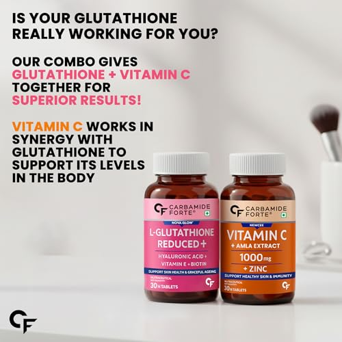 Carbamide Forte Japanese Reduced L Glutathione 500mg Tablets with Vitamin C from Amla Extract | Glutathione Supplements & Vitamin C Supplements – 30 Veg Tablets Each