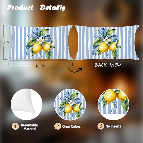 Image of Blue and Yellow Summer Italian Mediterranean Amalfi Coast Lemon Pillow Cover Decor 12x20,Italian Striped Decorative Throw Pillow Cover Decor for Couch Double-Sided