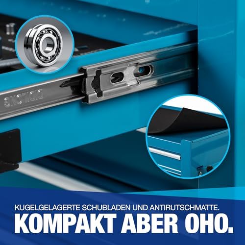 Bild 2 - NTG Werkstattwagen gefüllt inkl. Werkzeug 70 Teile - 4 Schubladen + großes Fach + Kniekissen - Kugelgelagerte Schubladen - 2 Rollen m. Feststellbremse - Werkzeugwagen - PERFEKTE WERKSTATTORGANISATION