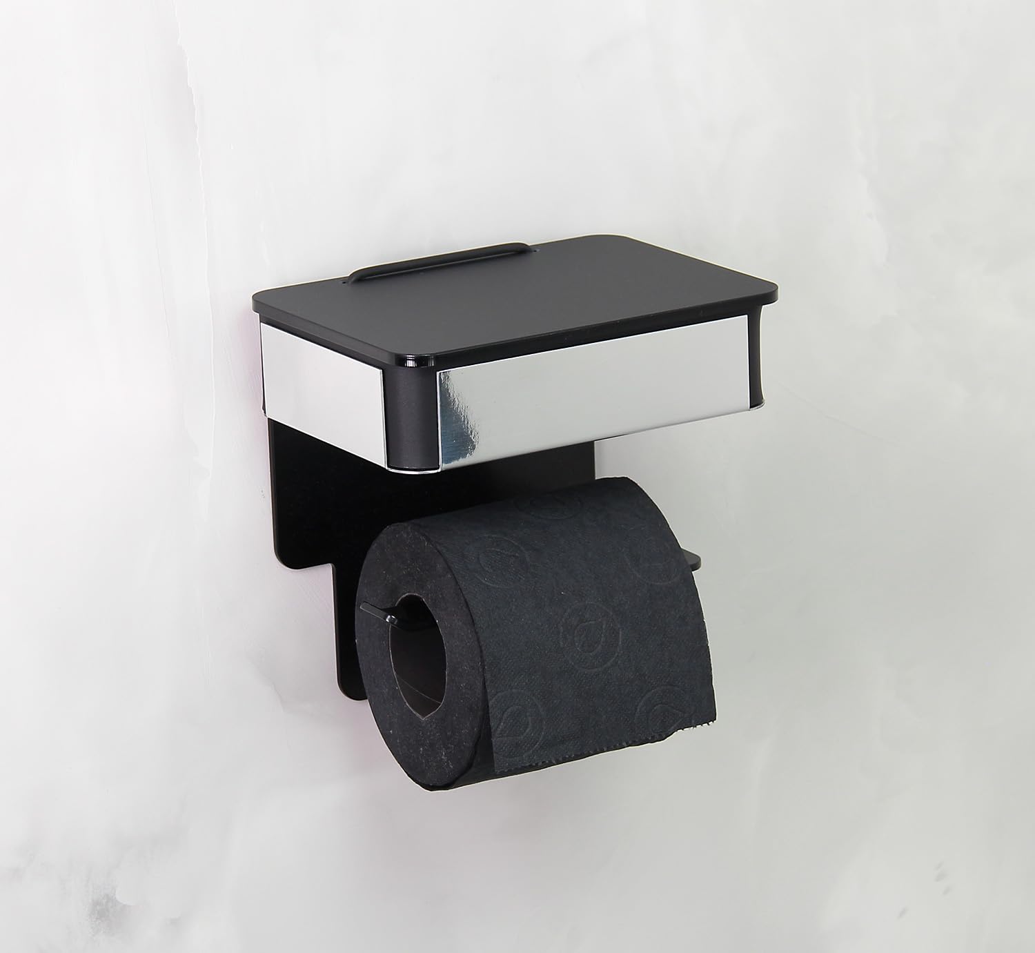 Toilettenpapierhalter mit Feuchttücherbox – 2-in-1 Wandhalterung mit Klebepads, hygienisch & bohrfrei, weiche Form (Schwarz/Edelstahl poliert, Rolle von Links befüllbar)