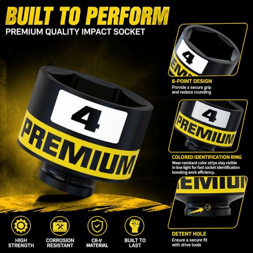 Image of 1 inch Drive Impact Socket Set, 3-1 /4 inch -4 inch Axle Nut Sockets, 6pcs Shallow Jumbo Sockets, SAE, 6 Point, Cr-V, Repair Tools for Installing and Removing Stubborn Spindle Nuts and Bolts