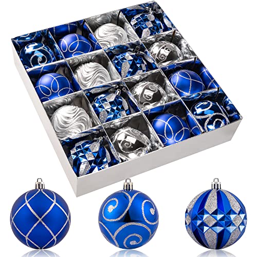 3.15" Christmas Ball Ornaments Set, 16pc Blue and Silver Xmas Tree Ornaments Decoration, Shatterproof Large Decorative Hanging Balls with Loop for Christmas Party Holiday Wreath Garland Home Decor