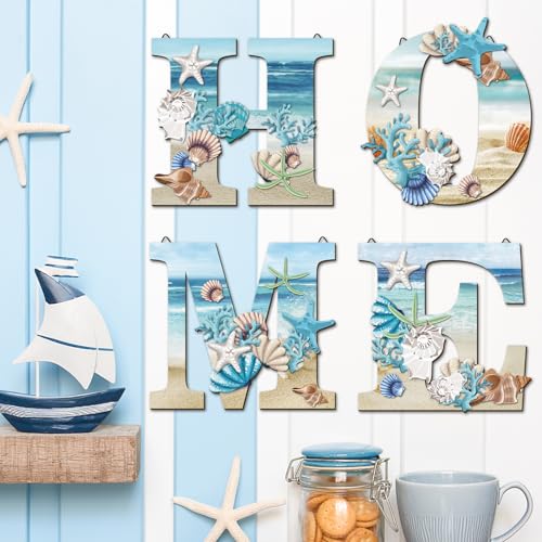 4 Pcs Wood Home Signs - Coastal Beach Style Signs With Blue Starfish and Shell Wall Decor for Home, Living Room, Kitchen, Bedroom - Image 8