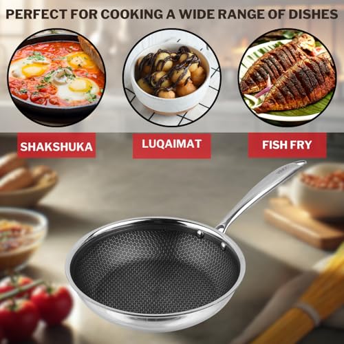 Vinod Platinum X Triply SAS Pro Frying Pan – Honeycomb Non Stick Base 3-Ply Skillet Pan,Induction & Gas Stove Friendly Ideal for Shakshuka, Fry-Ups & Luqaimat Saute & Griddle Use (20 cm Diameter) - Image 4