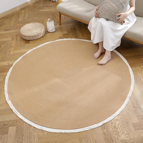 Image of Cotton Round Carpet 3x3 feet - Handmade Braided Boho Rug for Living Room, Bedroom & Balcony - Soft Washable Floor Mat, Color -Beige