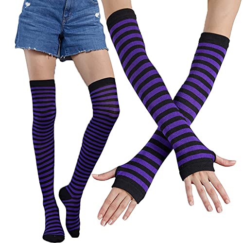 Image of SherryDC Womens Girls Cosplay Rainbow Striped Knee High Socks Leg Arm Warmer Fingerless Gloves Set