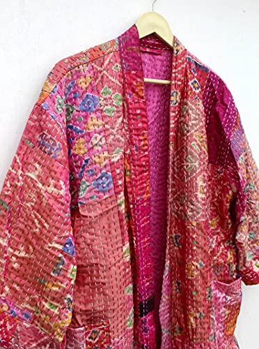 Silk Kaftan Women Cover Ups Pink Kantha Jacket Kantha Kimono, Sari Robe, Silk Kantha Robe, Kantha Robe, Kantha Stitched Jacket, Quilted Coat Kimono By Chiragart, Multi, One Size (Modern-9974) #TOP6