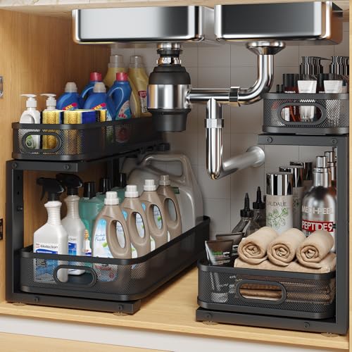 Image of 2 Pack 17.3IN-Depth Under Sink Organizer with Smooth Cylindrical Rail,2-Tier Pull Out Multi-Purpose Cabinet Storage for Bathroom&Kitchen,Height Adjustable,Rust-Resistant Coating-Black