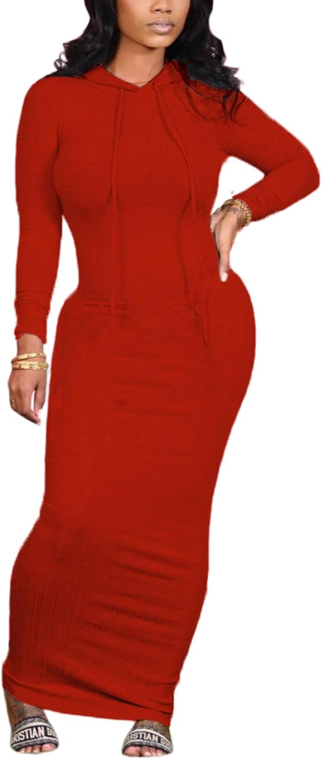 Long Sleeve Bodycon Maxi Dress for Women One Piece Hoodie Sweatshirt Dresses