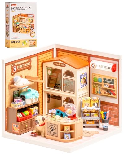 Rolife Super Creator Furry Friends' Home DIY Miniature House Kit, Snap-Fit Plastic 3D Puzzle No Glue Needed, Stackable Pet Store Room Decor Gift for Adults & Teens, 89 PCS