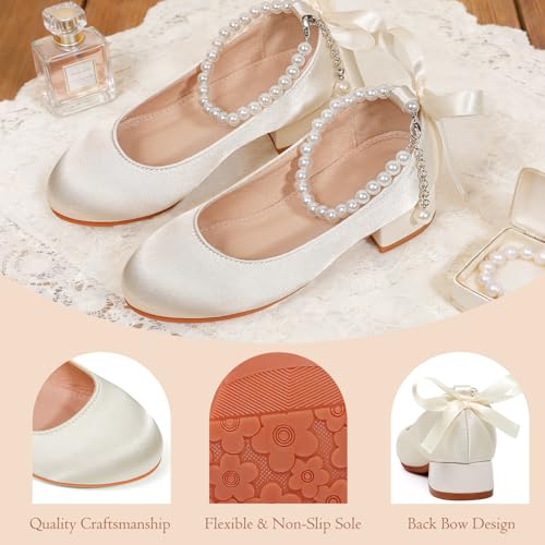 KDVOG Girls Dress Shoes High Heels Satin Closed Toe Pearls Ankle Strap Flower Girl Little Big Kid Mary Jane Wedding Party Communion Pump Shoes by KDVOG - Used condition - Image 2