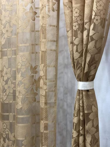 Image of Fabrilia Heavy Polyester Net Semi Transparent Fancy Grommet Semi Sheer Curtains , Floral Design, Brown, Long Door- 4 Feet X 9 Feet, Pack Of 2 Pcs