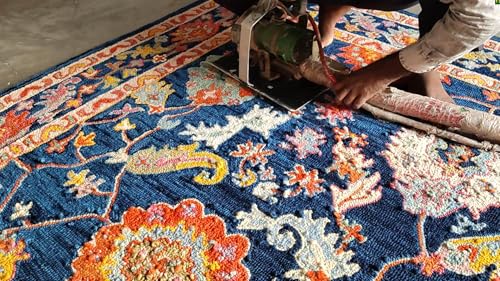 Image of Hand-Tufted Wool Carpet for Living Room 6x8 feet Blue Traditional Design Anti-Skid High Pile Thick Carpet & Rugs for Bedroom & Hall