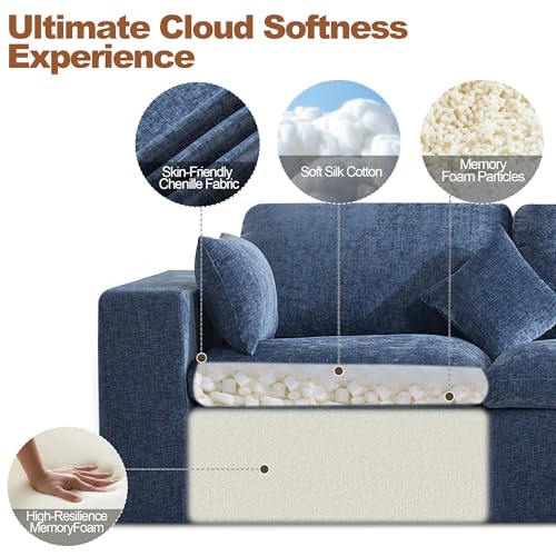 Image of 146''Cloud Boneless Sectional Couch, Modular Sectional Sofa Deep Seat with Ottoman, Oversized Upholstered Convertible Comfy 5 Seater Chenille Sofa L Shape Couches for Living Room, Blue