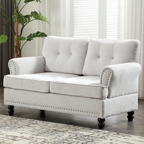 CANMOV 2 Seat Loveseat Sofa with Rivet Design and Wooden Feets, Mid-Century Love Seat Sofa, Love Seats Furniture for Living Room, Bedroom, Beige
