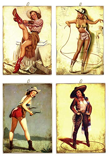 KUSTOM ART Set of 4 Vintage Style Taps, Collectable Pin Up Series, Laser-Shaped Wood Print Made in Italy - Gift Idea (Group 2)