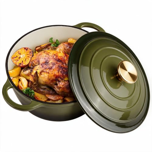 Image of Dutch Oven Enameled Cast Iron with Lid - Big Dual Handles - Oven Safe up to 500F - Classic Round Pot for Versatile Cooking (Golden Green, 3 QT)