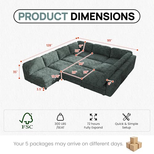 Image of Oversized Modular Sectional Chenille Sofa Bed with Hidden Storage, Comfy Modern 10 Seater Deep Seat Couch, Modular Sectional with Ottoman and Removable Cover for Living Room, Apartment, Green