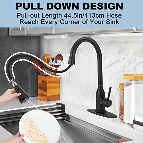 Homikit Black Kitchen Sink Faucet With Pull Down Sprayer, Stainless Steel Kitchen Faucets With Deck Plate For 1 Or 3 Hole, Matte Black High Arc Commercial Faucet For Farmhouse Laundry Utility Rv Bar #TOP3