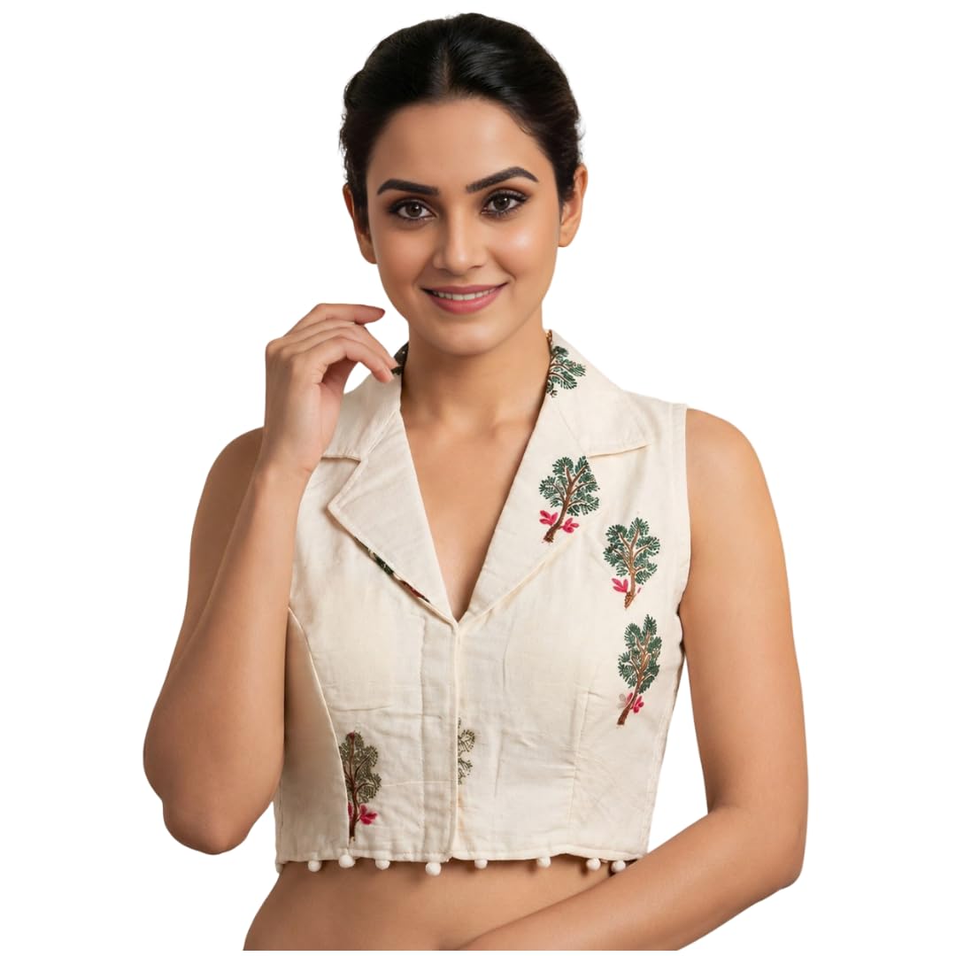 shubham exclusive Women's Pure Khadi Cotton Readymade Saree Blouse | Designer Tree Embroidery | Collar Neck | Front Hook | Stretchable Side Elastic | Ready Size 38 | Alterable 34-42-picture-21