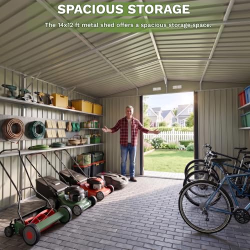 Image of Patiowell 14x12 FT Outdoor Storage Shed, Large Metal Sheds, Brown