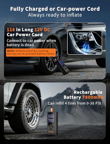 Image of Tire Inflator Portable Air Compressor, Air Pump for Car Tires, 7800 mAh Battery, 12V DC, 150 PSI, 40L /min Air Flow, Fast Inflation, Portable air pump for MPV, SUV, Car, Motorcycle, Bike, Ball