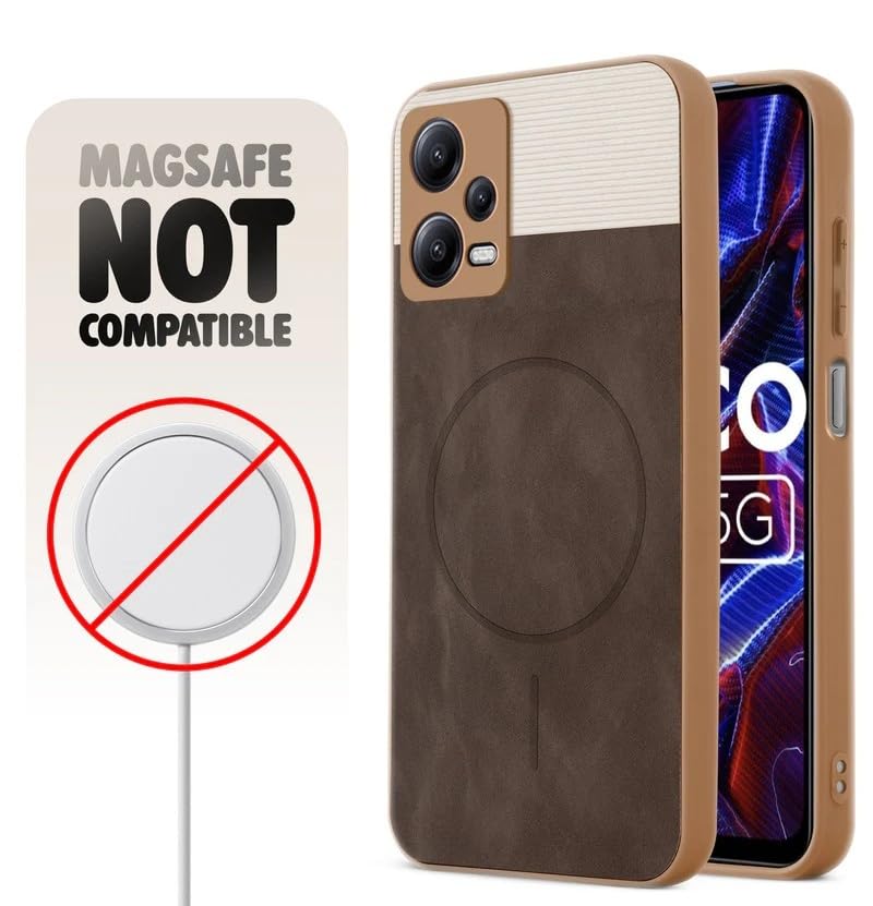 Image of Bintage CASE Mac Safe Design Hard Light Weight Back Case | Soft Border Camera Protect | Dual PU Leather Finish Back Cover Compatible for Poco X5 5G - White & Cherry Brown