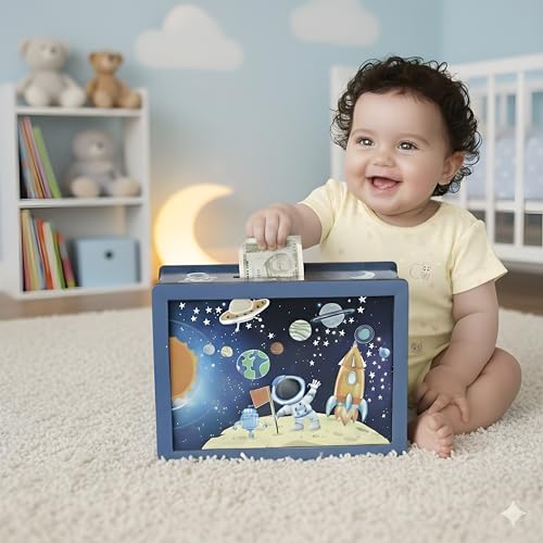 Image of DARSHANAM WORLD Space Theme Money Bank for Kids | Baby Learning Piggy Bank | Cartoon Astronaut Rocket Design Coin & Cash Saving Box | Educational Gift for Children (Galaxy)