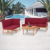 Kinlife 6Pcs Outdoor Sectional Sofa Set Patio Acacia Wood Conversation Corner Seating Set with Washa