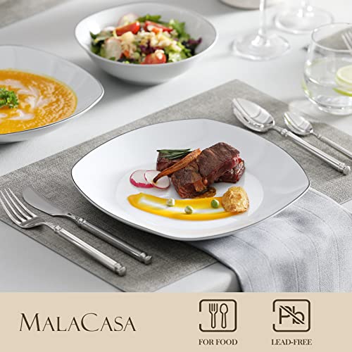 Image of MALACASA Dinnerware Sets, 24 Piece Porcelain Square Dishes, White with Black Rim Plates and Bowls Sets, Ceramic Dish Set for 6, Chip Resistant Dishware Sets, Series ELISA