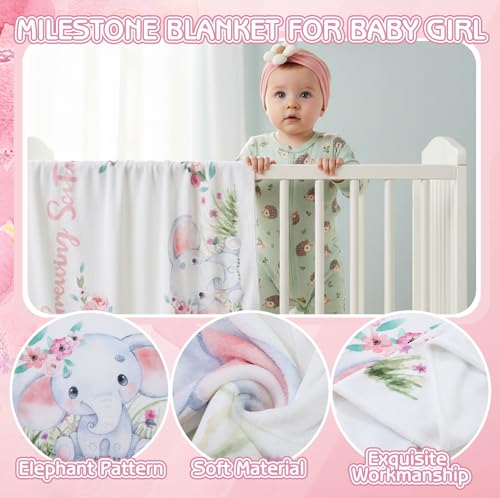 Image of Baby Girl Gifts, Baby Shower Gifts for Girls, New Mom Gifts Baby Girl Gift Baskets Elephant Baby Milestone Blanket Mommy and Baby Canvas Pouch Set Pregnancy Gifts for Women and Baby