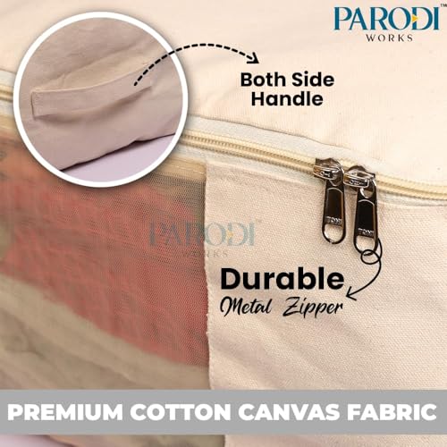 Image of Cotton-Canvas Clothes Storage Bag /Saree Covers For Storage /Saree Covers with Zip Design for Woman Dresses, Sarees, Lehengas for Wardrobe Organizer (17 x 14 x 7 Inch) (Pack of 9)