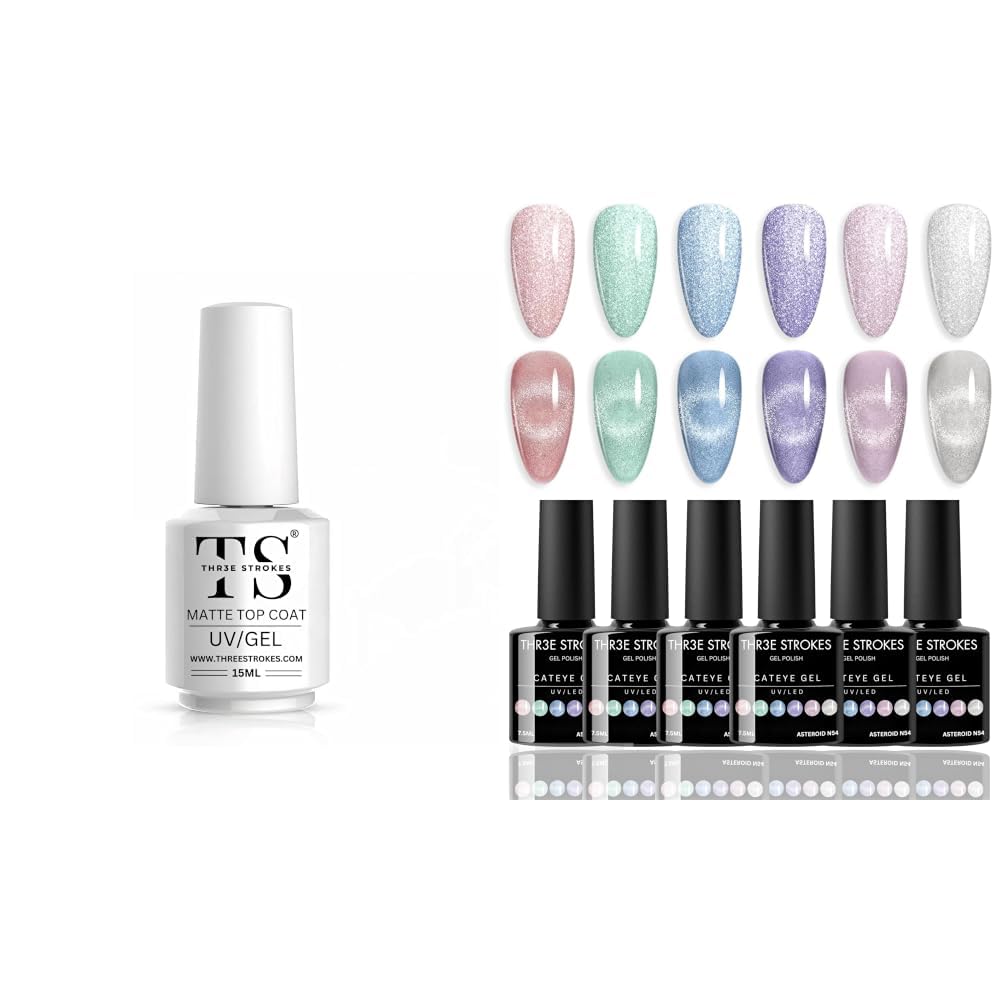 THR3E STROKES Matte Gel Top Coat 15ml, No-Wipe Chrome Powder-Resistant Polish, Long Lasting Cat Eye Gel Nail Polish Set for Pink Brown Glitter Holographic Cat Eye, Shimmery Finish 7.5Ml Salon Gel-image-45