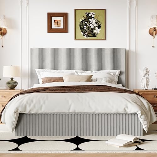 Image of Allewie Full Bed Frame, Adjustable Corduroy Headboard, Platform, Grey | Adjustable Headboard, Corduroy Fabric, Low Profile, Wooden Slats, 800 lb Capacity, No Box Spring Needed