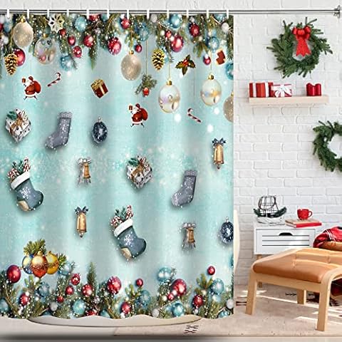 Christmas Shower Curtain Santa Claus Sock Gifts Bathroom Curtain Classic Snow Ball Bath Curtain Xmas Pine Leaves Blue Background Bathtub Curtain with Hooks Cover