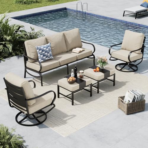 MFSTUDIO 5 Pieces Patio Conversation Sets,Outdoor Metal Furniture Sofas with 1 x 3-Seat Sofa, 2 x Swivel Chairs,2 x Ottoman,Wrought Iron Frame with Beige Cushion for Patio Courtyard Balcony