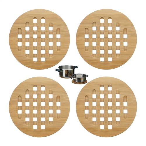 Relaxdays Dessous de plat ronds bambou lot de 4 dessous de verre casserole poele bois 20 cm diamètre, nature