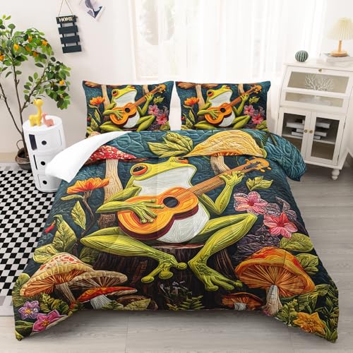 Image of AILONEN Funny Frog Comforter Set Twin Size,Cartoon Red Mushroom Bedding Sets,Natural Plants Duvet Set,3 Pieces,1 Quilt and 2 Pillowcases,Microfibre