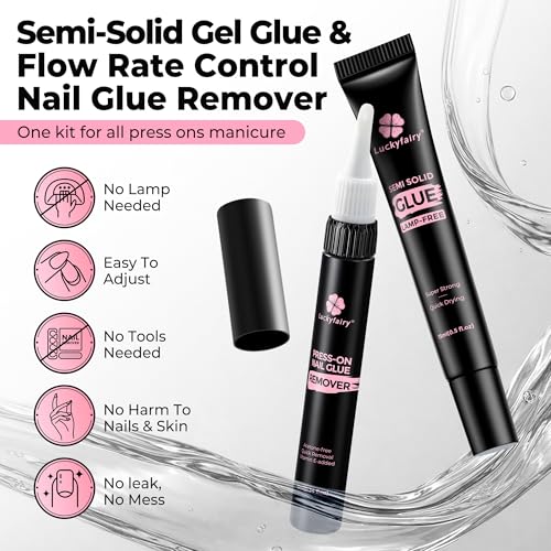 Image of Luckyfairy 15g Nail Glue for Press Ons with 10ml Nail Glue Remover, Quick Dry Super Strong Semi Solid Glue, No Need Lamp Cured & Tools, Gentle Glueoff Non-Acetone Nail Polish Remover
