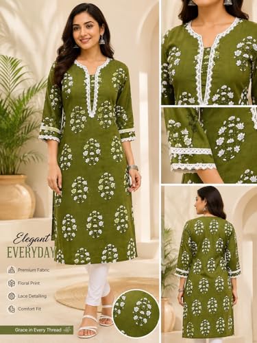 Image of Women's Pure Cotton Regular Fit Floral Printed A-Line Kurta