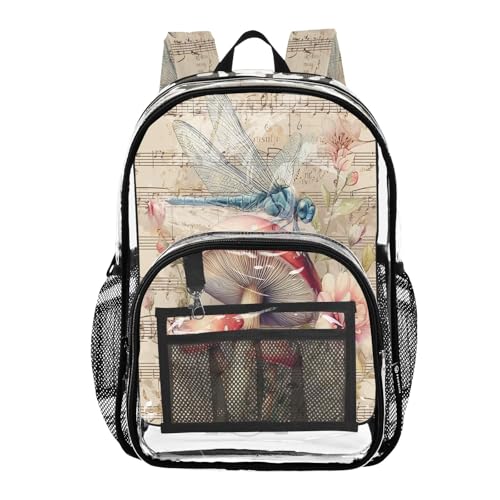 Clear Backpack for School Dragonfly Mushroom Music Score Transparent Bookbag for Girls See Through PVC Boy Backpacks